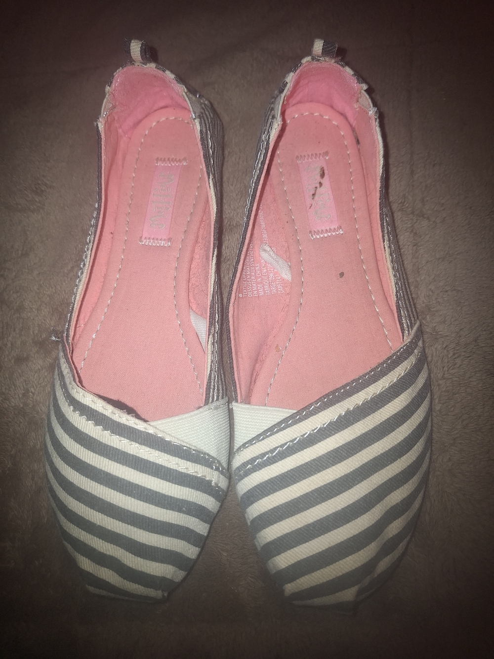 Mad Love Gray & White Striped Slip-On Flats with Pink Lining